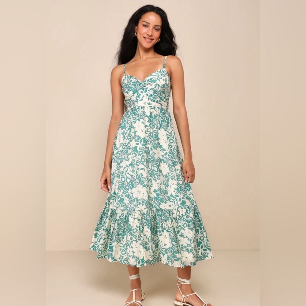 Lulus Picture-Perfect Aura Green Floral Cutout Ruffled Midi Dress